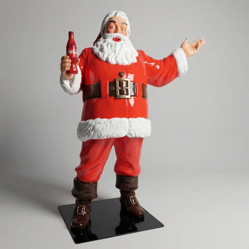 figure Santa holding a red soda bottle, glossy fiberglass sculpture in classic red-and-white style for advertising or decor