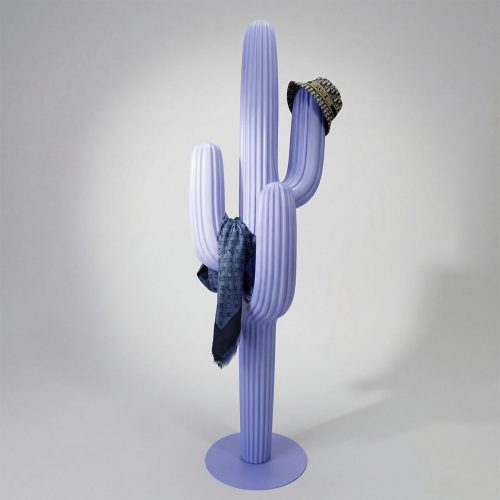 figure cactus sculpture made of fiberglass in pastel lavender with ribbed modern style, shown as retail or mall display