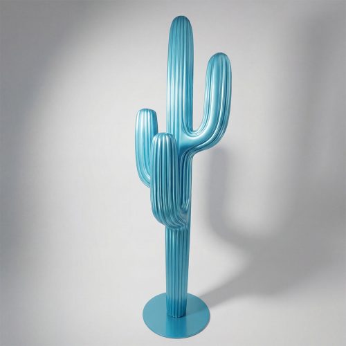 figure cactus sculpture in glossy blue fiberglass with ribbed modern style for decor or mall advertising