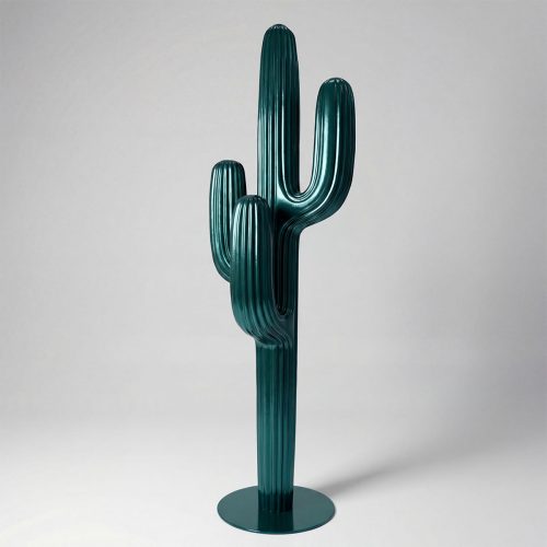 sculpture cactus figure in glossy teal fiberglass with ribbed modern style for decor or retail display