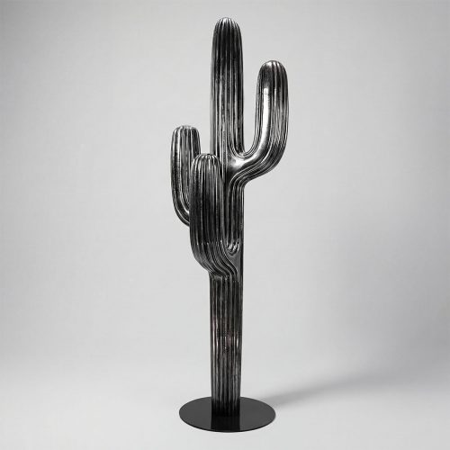 figure cactus sculpture in black glossy fiberglass with ribbed modern design for advertising or interior decor