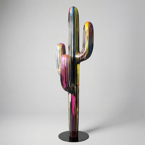 figure cactus sculpture in glossy black fiberglass with vibrant dripping neon stripes, modern decor or mall display