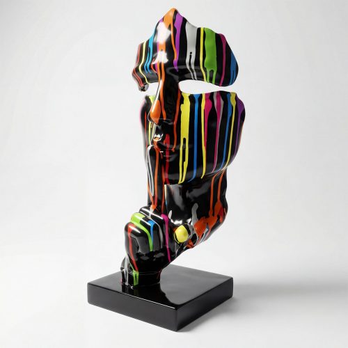 sculpture face figure in glossy black fiberglass with multicolored dripping stripes, modern decorative piece for galleries or events