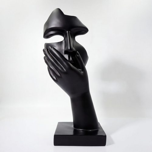 sculpture face and hand figure in black fiberglass with matte finish, abstract modern style for interior decor or display