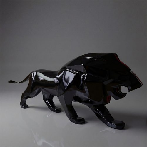 sculpture panther figure in glossy black fiberglass with angular geometric style for decoration or mall advertising