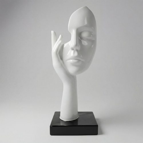 sculpture face figure in glossy white fiberglass with hand supporting cheek, modern minimalist decor for interior or display