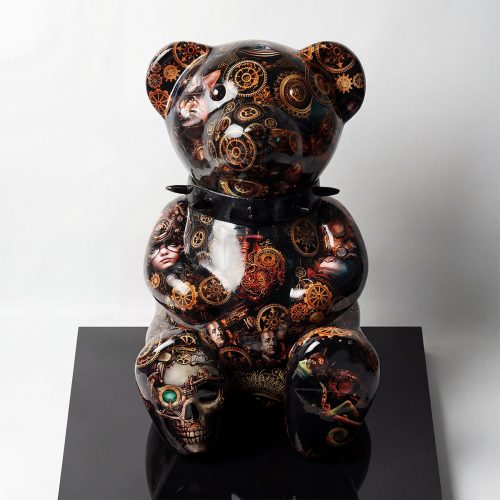 figure bear sculpture in glossy black fiberglass with steampunk gears, skull and character collage for advertising or mall decor