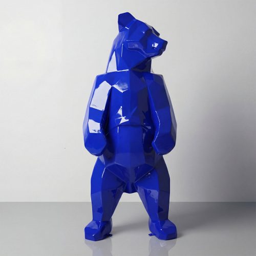 figure bear sculpture in glossy cobalt blue fiberglass, faceted geometric modern style for interior or retail display