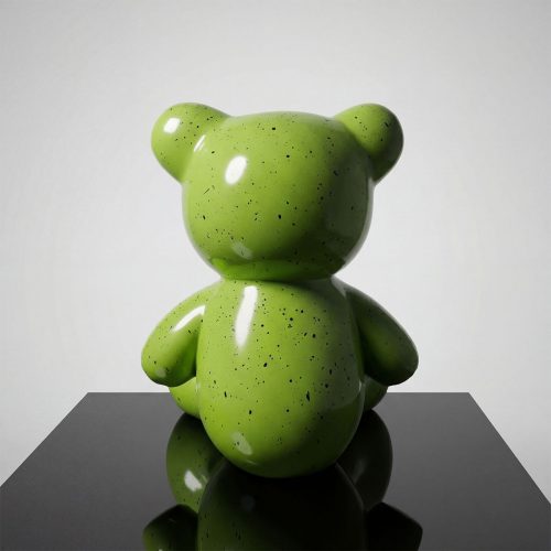 figure teddy bear sculpture in glossy speckled green fiberglass, minimalist stylized form for decor or advertising