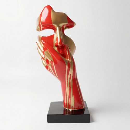 figure hand-and-mask sculpture in glossy red and gold fiberglass with modern artistic style for decor or advertising