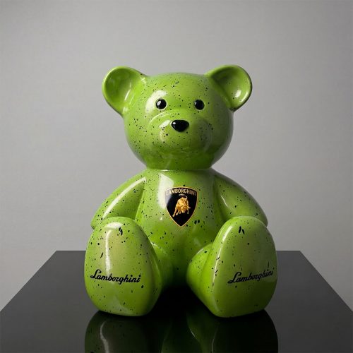 figure teddy bear sculpture in glossy speckled lime-green fiberglass with Lamborghini logo, decorative or advertising display