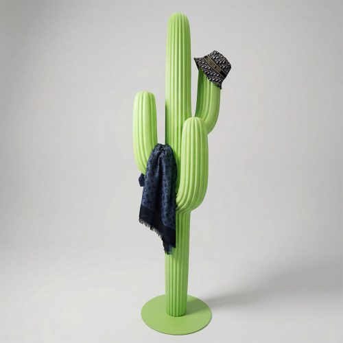 figure cactus sculpture in lime green fiberglass, stylized ribbed design for decor or mall advertising, shown with hat and scarf