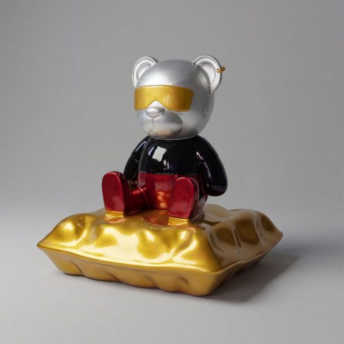 figure bear sculpture in glossy silver, black and red fiberglass with gold visor and base, modern decorative or advertising display