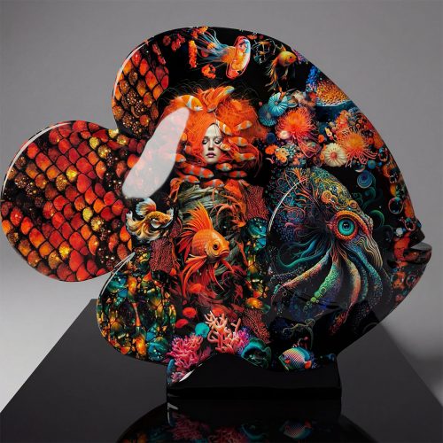 figure fish sculpture in glossy fiberglass with vibrant underwater fantasy art, orange scales, coral and octopus motifs for decor or advertising