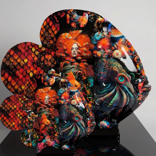 sculpture fish figure in glossy fiberglass with colorful psychedelic sea life and orange-haired mermaid motif for decor or advertising