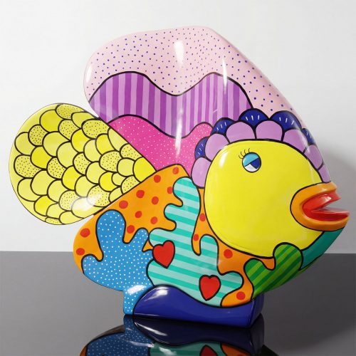 figure fish sculpture in glossy fiberglass with pop-art bright yellow, pink, purple and patterned sections for mall or event decor
