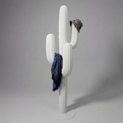fiberglass sculpture cactus in white ribbed style with navy patterned scarf and black patterned hat, decorative display for retail or events