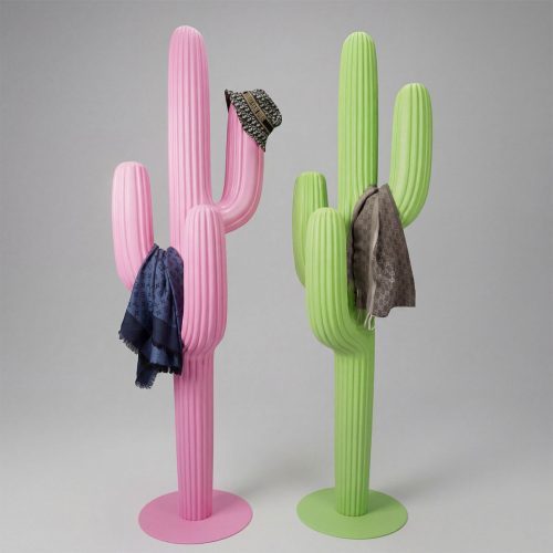 figure cactus sculpture in pink fiberglass, ribbed modern style holding a hat and scarf, decorative display for retail or events