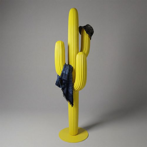 figure cactus sculpture in yellow fiberglass with ribbed modern style, accessorized with a black hat and blue scarf for decor