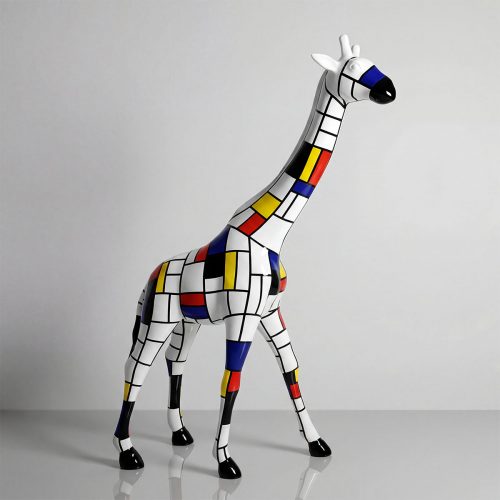 figure giraffe sculpture in fiberglass with Mondrian-style geometric red blue yellow and black blocks for decor or advertising