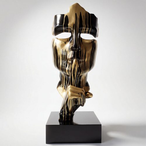 sculpture mask figure in black fiberglass with gold drip design, glossy modern decorative piece for gallery or mall interiors