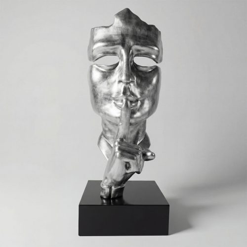 sculpture human face figure in silver fiberglass with finger to lips, modern artistic style for decor or mall display