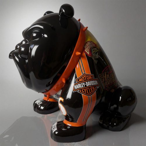 figure bulldog sculpture in glossy black fiberglass with orange Harley-Davidson racing stripes and spiked collar for promotion