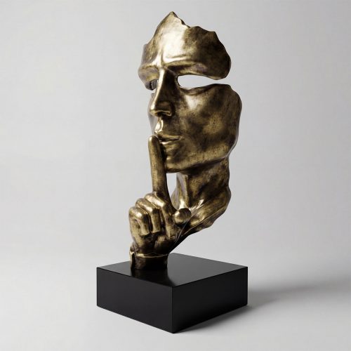 sculpture face figure in antique bronze laminate with finger-to-lips hush pose, modern artistic decor for lobby or event