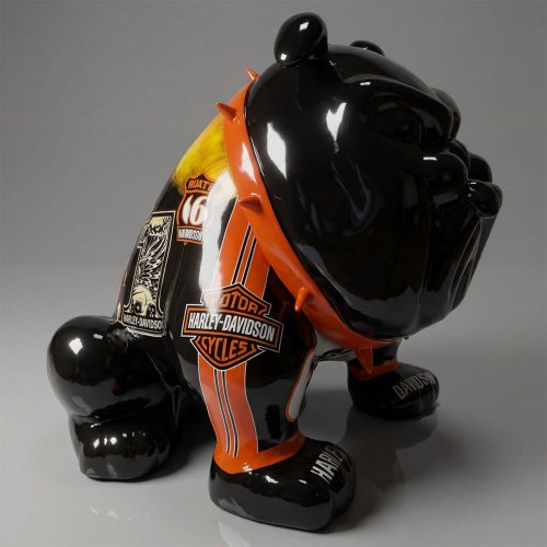 sculpture bulldog figure in glossy black fiberglass with orange spiked collar and Harley-Davidson logos for advertising or decor