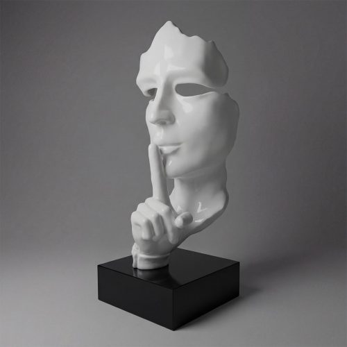 sculpture face figure in glossy white fiberglass with finger-to-lips shushing pose, modern artistic decor for gallery or mall