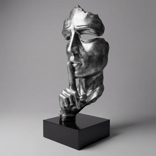 sculpture face figure in distressed silver fiberglass showing a finger-to-lips shushing pose, modern decorative or advertising use