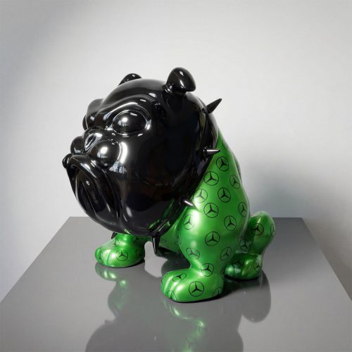 figure bulldog sculpture in glossy black and green fiberglass with spiked collar and repeating logo pattern for advertising/display