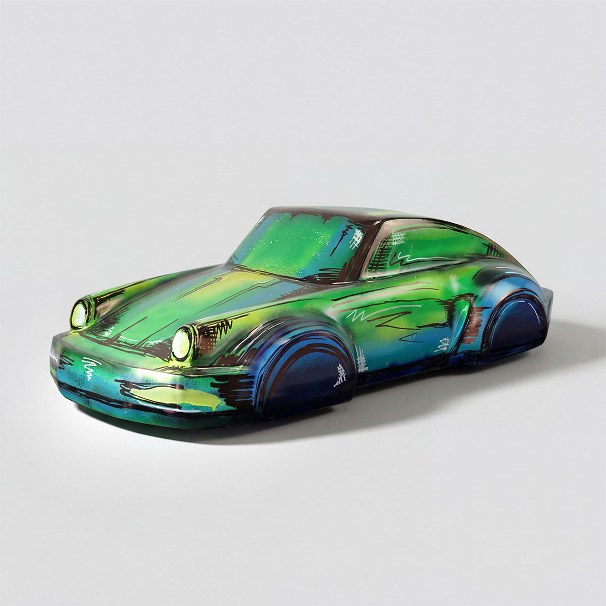 figure car sculpture in green-blue painted fiberglass with stylized artistic details for advertising or mall decor