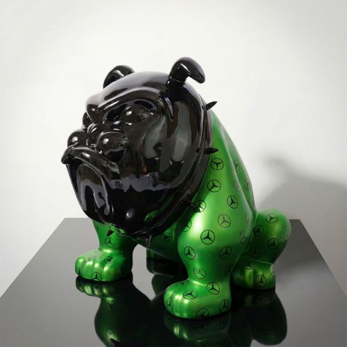 figure bulldog sculpture in glossy black head and green patterned fiberglass body, edgy decorative or advertising display