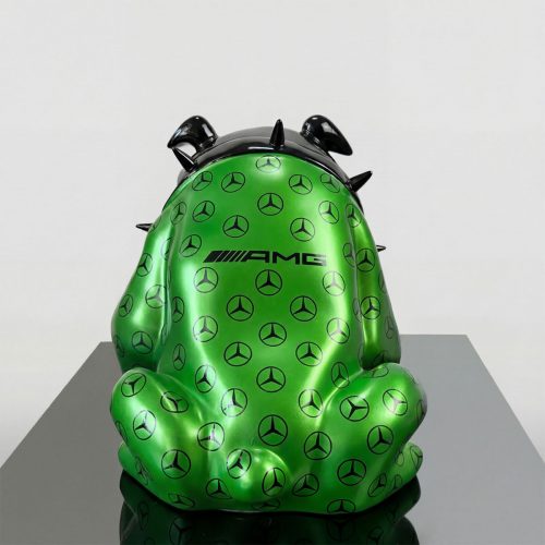 figure frog sculpture in green fiberglass with black Mercedes AMG logos and glossy black spikes, for advertising or decor