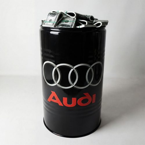 figure barrel with Audi logo in black fiberglass style showing red Audi text and silver rings, decorative advertising prop for showroom or event