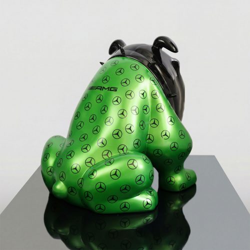 sculpture bulldog figure in glossy green laminate with repeating Mercedes logos and black glossy head, for advertising or display