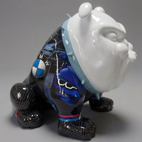 sculpture bulldog figure in glossy white and carbon-fiber finish with blue graphic panels and BMW logo, fiberglass laminate advertising or decor