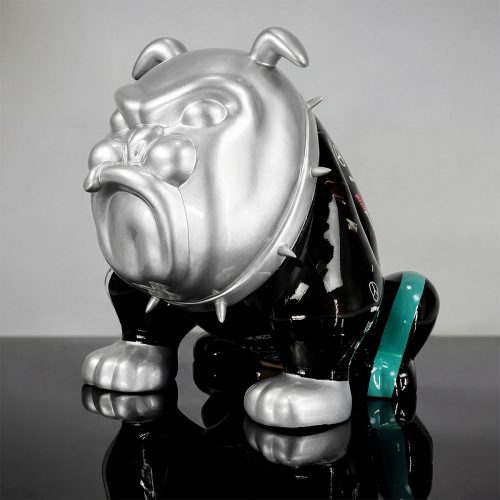 figure bulldog sculpture in silver and glossy black fiberglass with teal collar, spiked dog collar detail for display or advertising