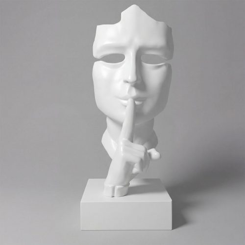 figure of a white fiberglass stylized human face with finger to lips, modern decorative sculpture for interiors or events