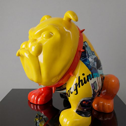 figure bulldog sculpture in glossy yellow fiberglass with red spiked collar and pop-art decals for advertising or mall decor