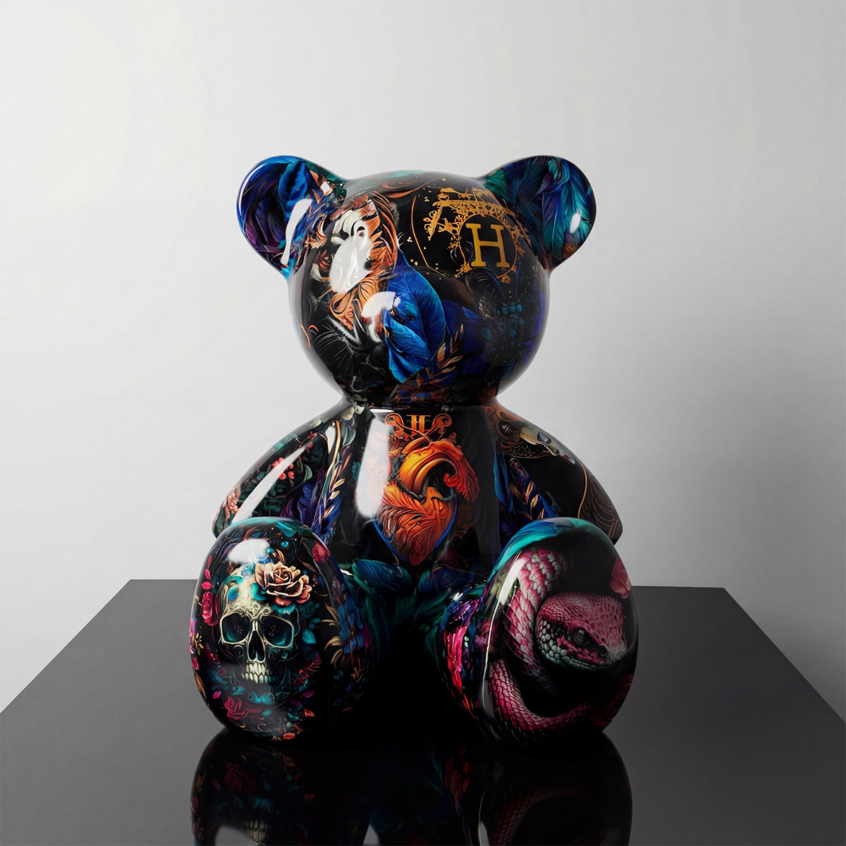 sculpture teddy bear in glossy fiberglass with dark floral, skull and snake motifs, colorful artistic decor for mall or event