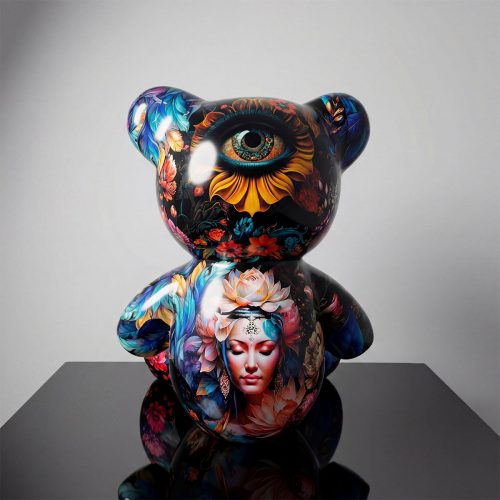 figure bear sculpture in glossy fiberglass with colorful floral and surreal eye design, decorative art for interior or advertising