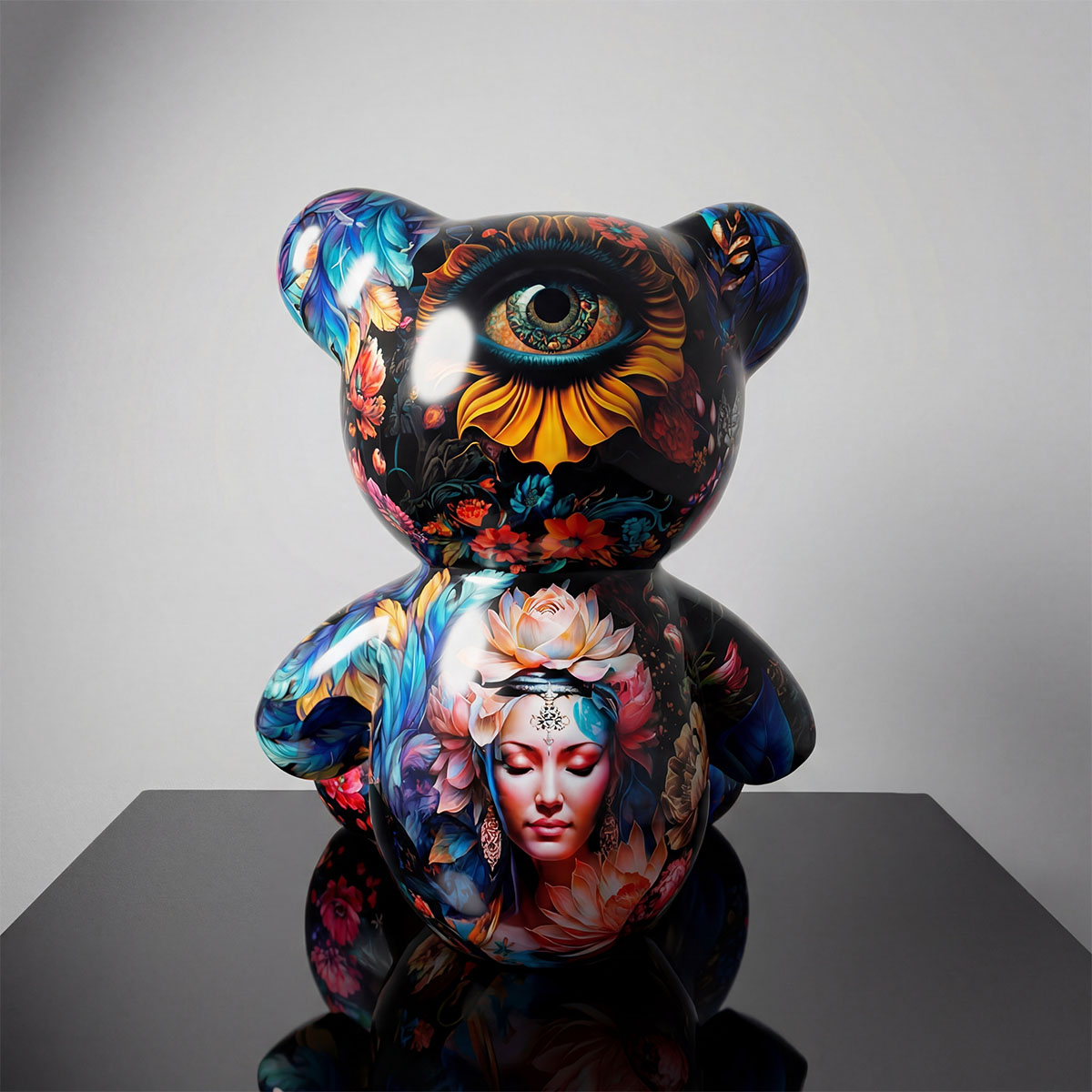 figure bear sculpture in glossy fiberglass with colorful floral and surreal eye design, decorative art for interior or advertising