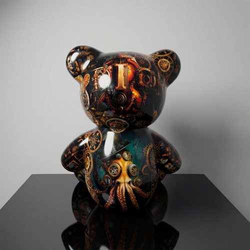 sculpture teddy bear in glossy fiberglass with steampunk gears and octopus mask design, dark metallic colors for mall or event decor