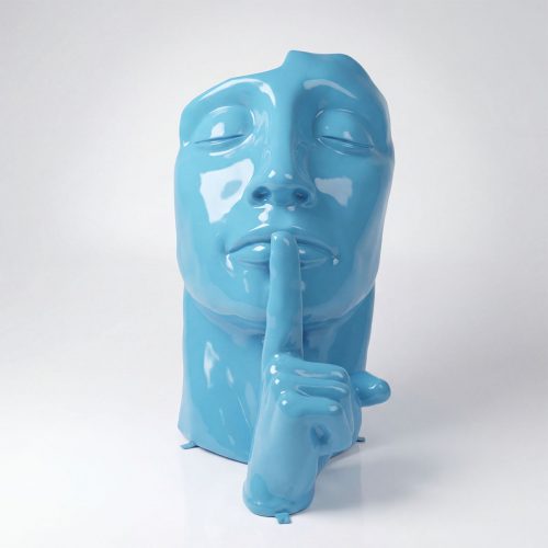 figure human head sculpture in glossy blue fiberglass, stylized modern face with finger to lips for interior or retail display