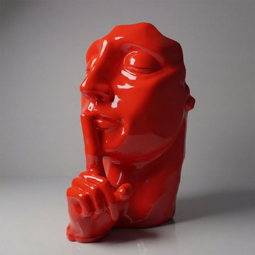 sculpture figure head with finger to lips in glossy red fiberglass, modern minimalist decorative piece for malls or events