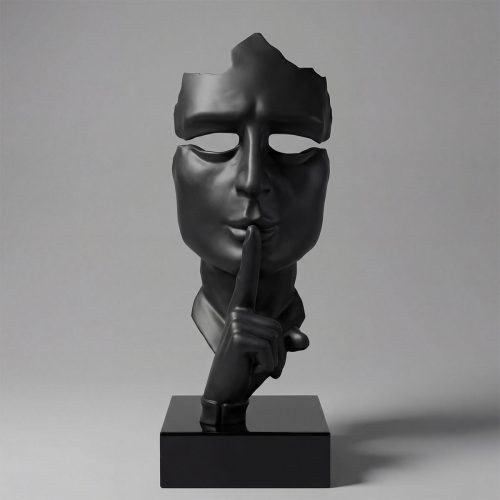sculpture human face figure in black fiberglass with finger to lips, modern artistic decor for interior or advertising
