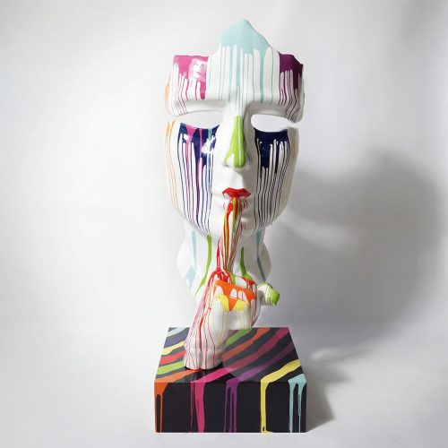 sculpture mask figure in white fiberglass with multicolor drip paint, glossy modern art piece for gallery or retail display
