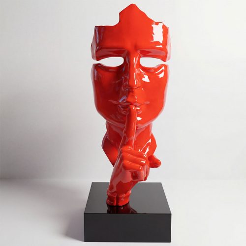 sculpture human face figure in glossy red fiberglass with finger-to-lips shushing pose, modern decorative or advertising display